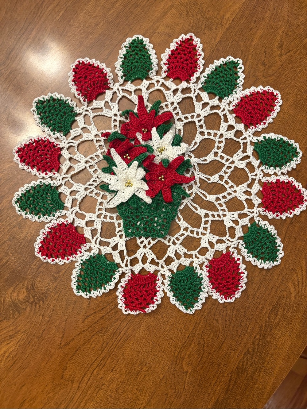 Festive Crochet Poinsettia Doily in Red, Green & White